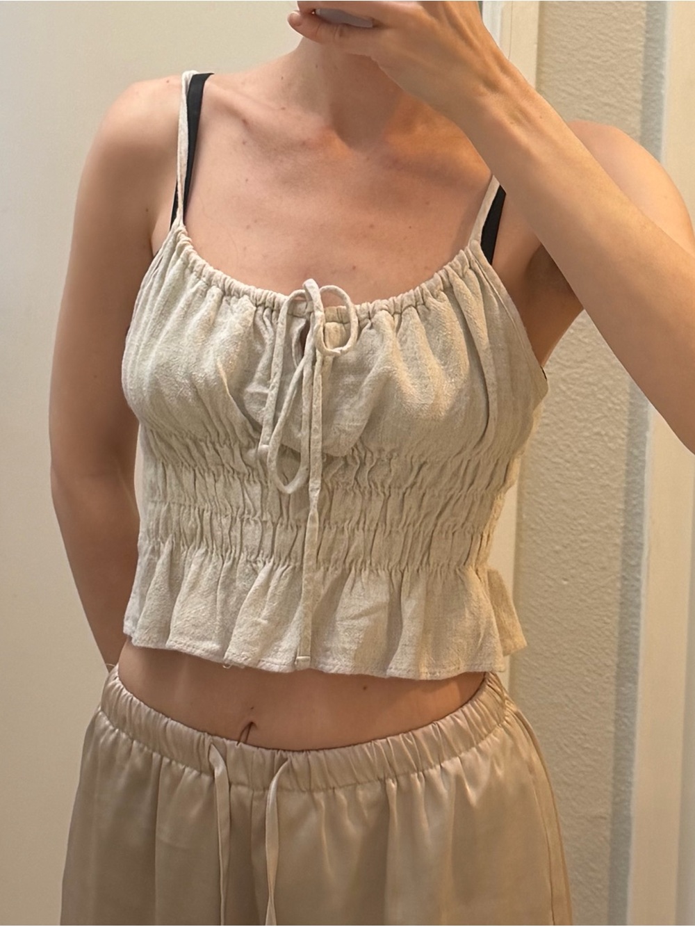 Lisa Says Gah Beige Smocked Tie-Front Crop Top